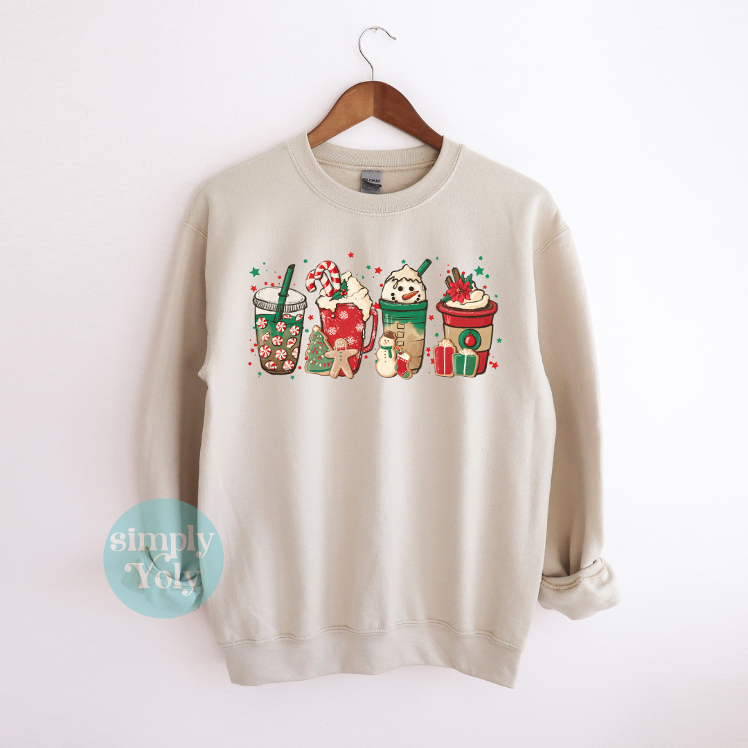Snowman Coffee Cups Christmas Sweatshirt