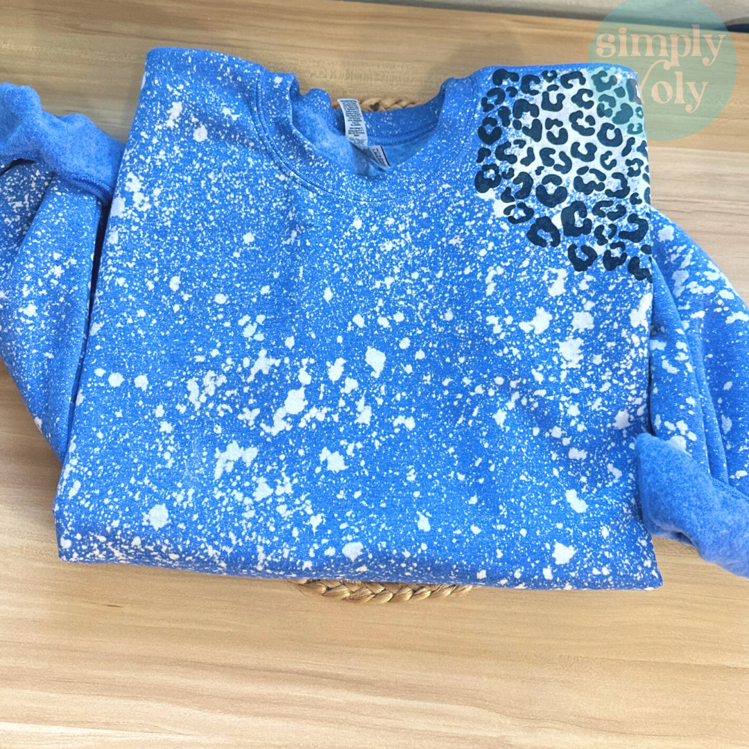 Royal Blue Bleached Crewneck With Leopard Print