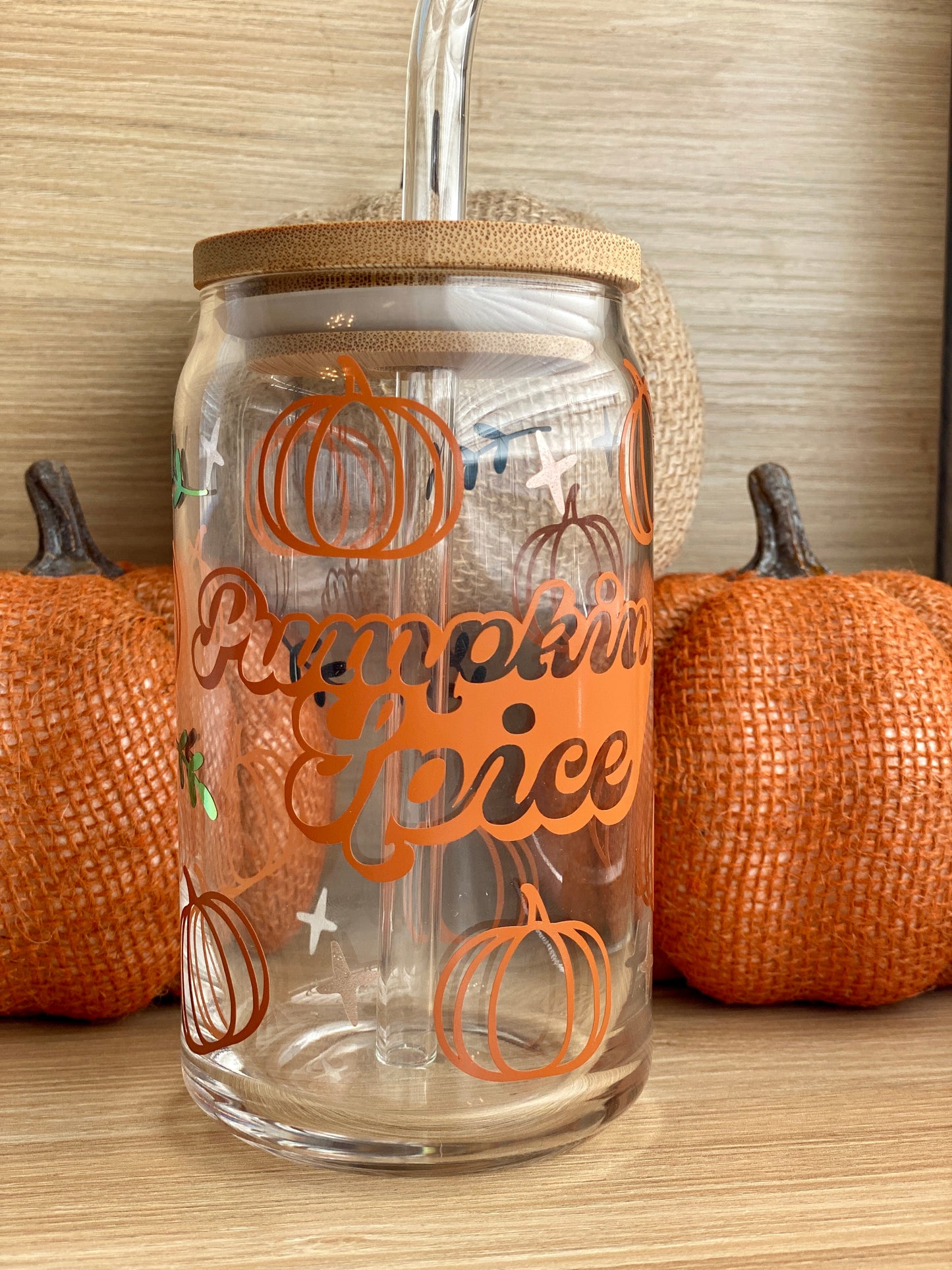 Pumpkin Spice Glass Can  With Bamboo Lid And Glass Straw